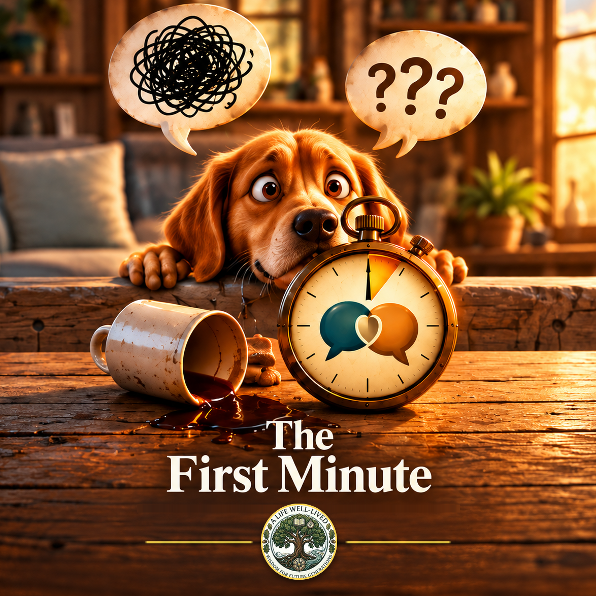A worried dog peeks over a table at a stopwatch beside a spilled coffee mug, with the title The First Minute